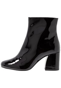 Black patent leather ankle boot with a pointed toe and chunky, transparent block heel. Smooth texture with minimal stitching detail.