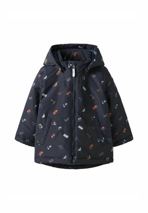 Giacca da pioggia navy con cappuccio, caratterizzata da motivi colorati con diversi oggetti. Include una zip frontale e due tasche laterali. Tessuto leggero.