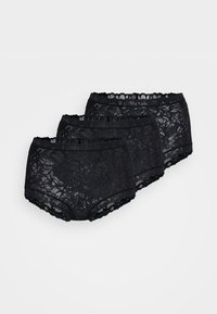 Black lace panties in a pack of three, featuring floral patterns, scalloped edges, and a high-waisted design.