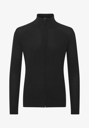 Musta vetoketjullinen villapaita, jossa on teksturoitu neulekuvio, korkea kaulus sekä resorikujat ja helma. Varustettu täydellä vetoketjukiinnityksellä.