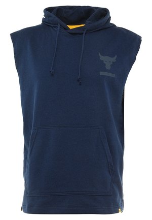 Navy blauwe mouwloze hoodie met voorzak en trekkoord kap, met een klein stieren schedel logo op de borst.