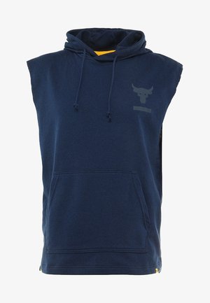 Navy blauwe mouwloze hoodie met voorzak en trekkoord kap, met een klein stieren schedel logo op de borst.