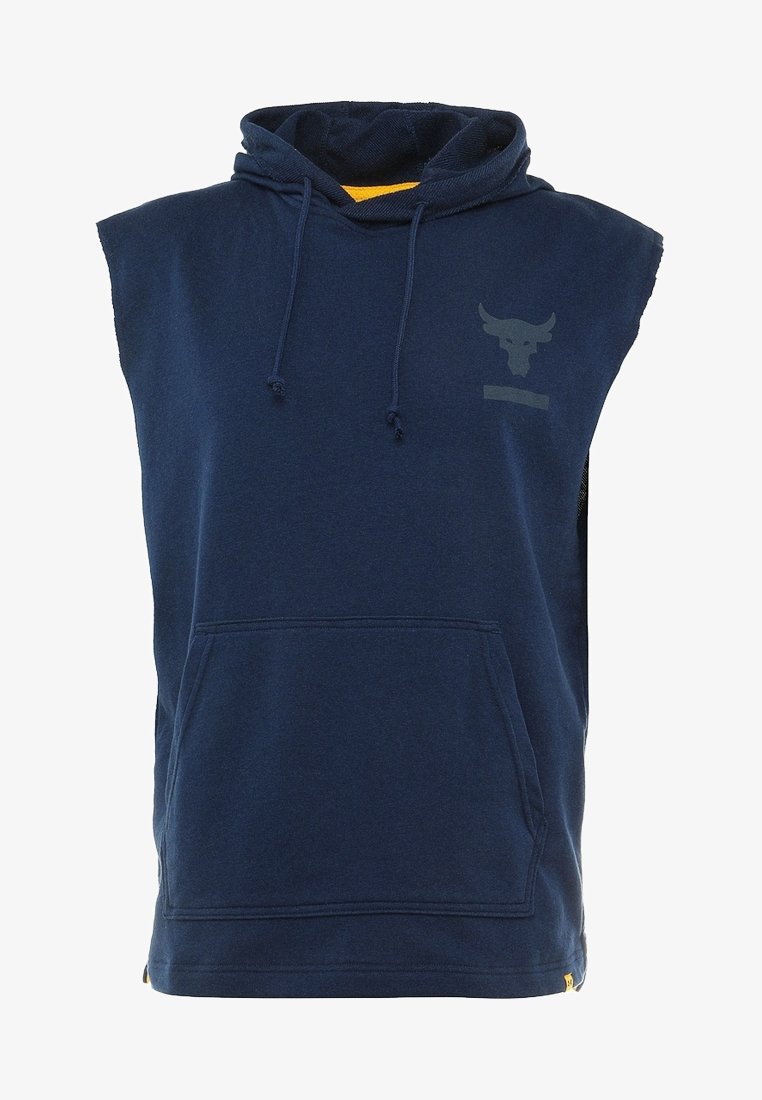 Sweat à capuche sans manches bleu marine avec poche kangourou devant et capuche à cordon, avec un petit logo de crâne de taureau sur la poitrine.