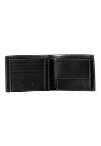 Black leather wallet with white stitching, featuring multiple card slots and a separate compartment for cash or cards. Soft texture.