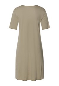 Abito beige a maniche corte con scollatura rotonda e vestibilità ampia. Tessuto liscio, lunghezza fino al ginocchio e design semplice senza decorazioni.