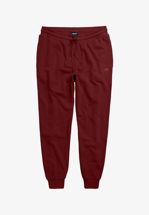 Pantaloni jogger in cotone borgogna con cintura regolabile, polsini a costine e un piccolo logo sul lato inferiore della gamba. Tessuto morbido.