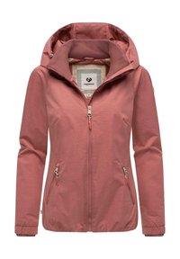 Veste extérieure rose clair avec капuche, fermeture éclair frontale et deux poches latérales. La texture douce et les poignets élastiques améliorent le confort et l'ajustement.
