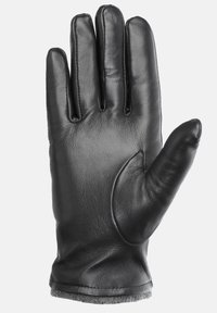 Guanto in pelle nera con una texture liscia, cinque dita e una estremità arrotondata. Presenta un rivestimento grigio a contrasto nel polsino.