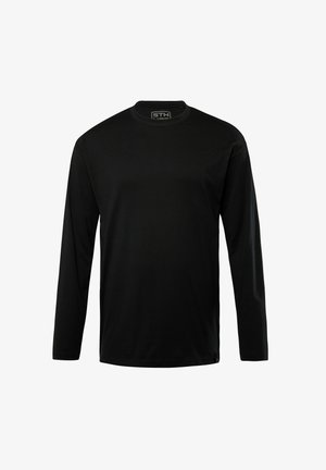 Schwarzes Langarmshirt aus weichem Stoff. Hat einen runden Halsausschnitt, einen geraden Schnitt und keine sichtbaren Muster oder Hardware-Akzente.