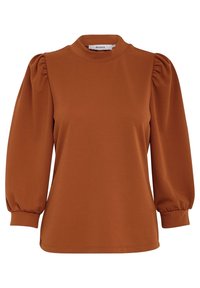 Pulovr v rezavé barvě s vysokým límcem a nabíranými rukávy, vyrobený z hladké látky. Má rovný lem a elastické manžety.
