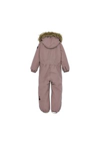 Rosa, isolerad overall med en huva klädd i faux päls, elastisk midja och smalnade ärmslut. Har svarta detaljer och en slät, vattentät yta.