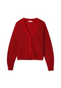 Cardigan rouge tricoté avec un col en V, des manches longues et une fermeture à cinq boutons. Tissu texturé et coupe cropped avec des détails de bord côtelé.