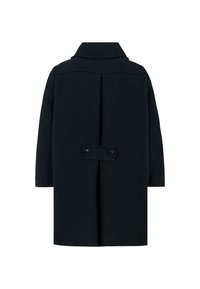 Cappotto nero con un design strutturato, dotato di colletto a risvolto, chiusura a doppio bottone e pince sul retro per una maggiore libertà di movimento. Tessuto testurizzato.