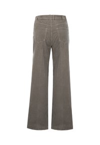 Wide-leg corduroy pants in muted gray, featuring vertical ribbed texture, two back pockets, and a plain waistband with a small brand tag.