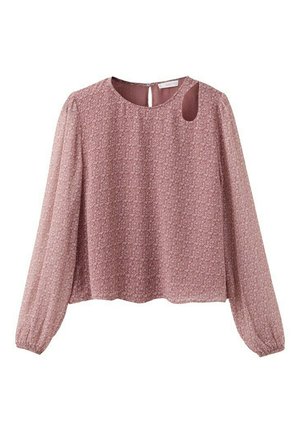 Ružová blúzka s dlhým rukávom, s malým kvetinovým vzorom, okrúhlym výstrihom, zapínaním na gombík na chrbte a výrezom pri ramene.