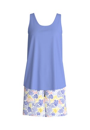 Sleeveless light blue top paired with white shorts featuring a colorful tropical leaf and wave pattern.