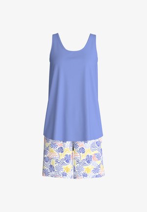 Sleeveless light blue top paired with white shorts featuring a colorful tropical leaf and wave pattern.