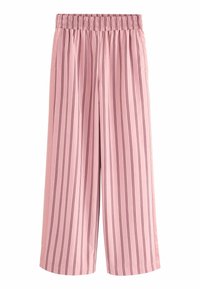 Pantalons larges rose clair avec des rayures verticales rose foncé. Taille élastique, tissu lisse et longueur cropped. Pas de poches ni de fermetures visibles.
