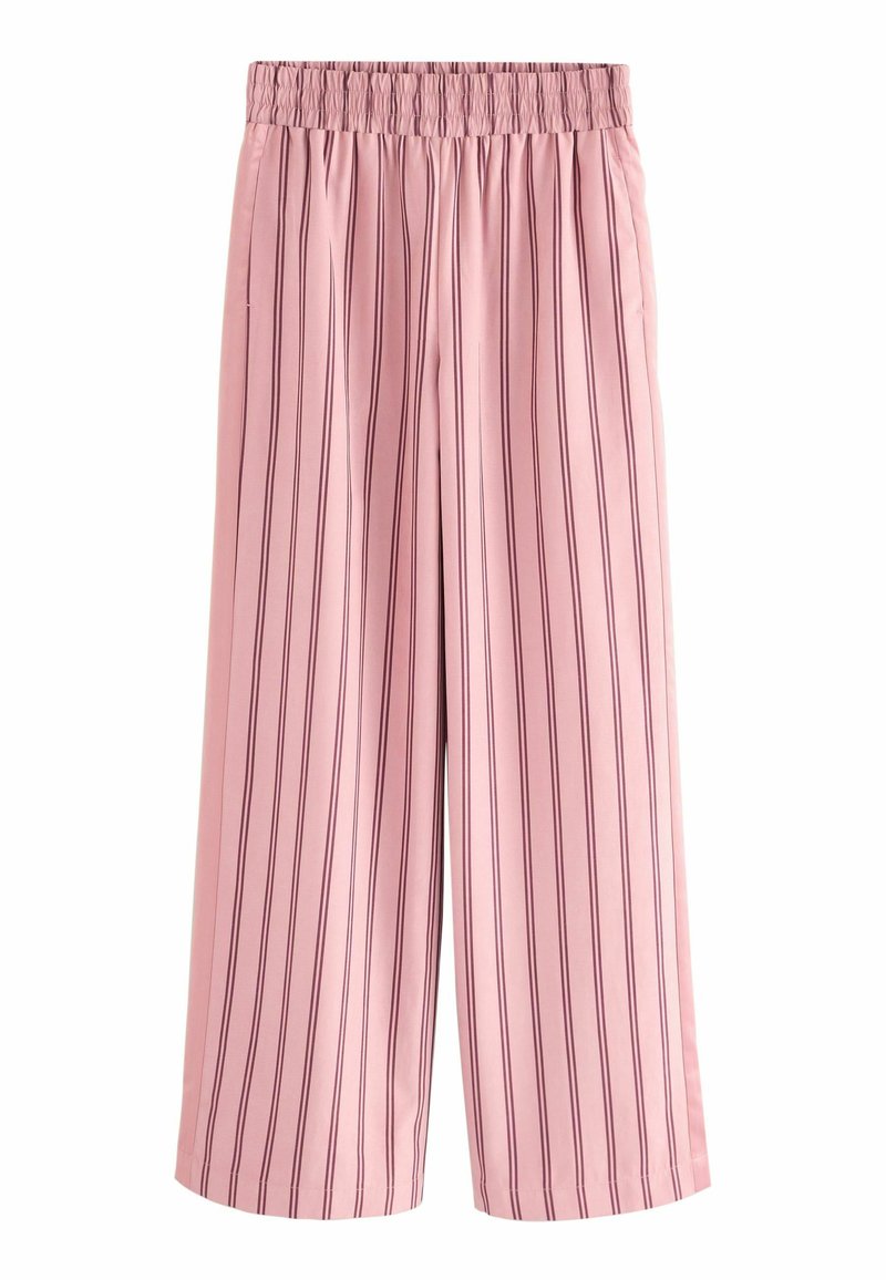 Pantalons larges rose clair avec des rayures verticales rose foncé. Taille élastique, tissu lisse et longueur cropped. Pas de poches ni de fermetures visibles.