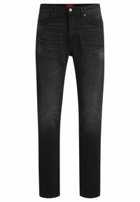 Jeans in denim nero con vestibilità slim, leggere sfumature, design a cinque tasche e bottoni in metallo argentato in vita.