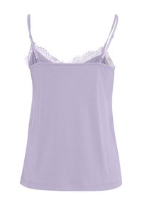 Violet krūšturis ar plānām regulējamām siksniņām, ar mežģīņu akcentu ap kakla līniju un gludu, mīkstu tekstūru.