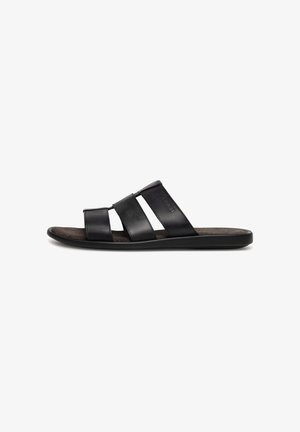 Black leather slide sandal with three wide straps and a flat sole, shown from the side on a white background.