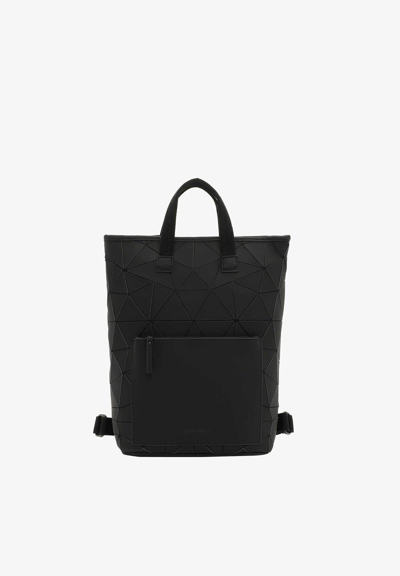 Black tote bag with a geometric triangle pattern, made of textured material. Features a front zip pocket and dual top handles.