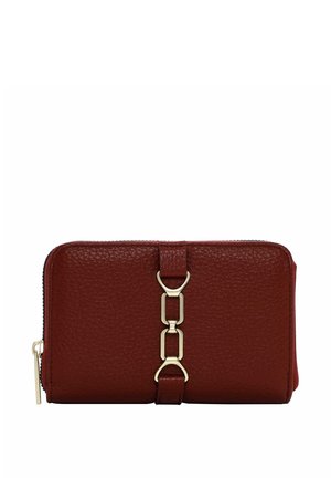Red textured leather wallet featuring a gold chain accent and a zip closure. Compact design with a sleek, rectangular shape.