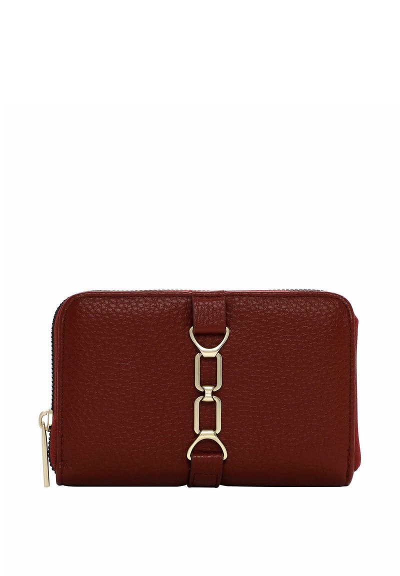 Red textured leather wallet featuring a gold chain accent and a zip closure. Compact design with a sleek, rectangular shape.