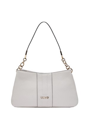 Borsa a tracolla in pelle bianca con dettagli in catena dorata e tracolla nera, caratterizzata da un pannello centrale verticale e logo "LIU JO" sul davanti.