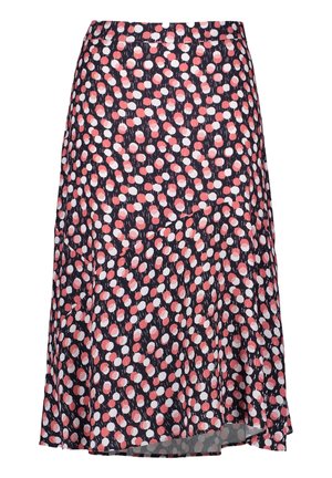 A-line skirt with black background and scattered coral pink and white circular dot pattern.