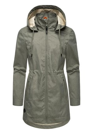 Veste imperméable verte kaki avec une capuche amovible, fermeture éclair à l'avant, taille à cordon de serrage et deux poches latérales, dotée d'une doublure intérieure lisse.
