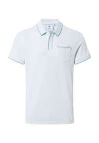 White polo shirt with turquoise accents on collar and sleeves, featuring a small chest pocket and classic fit in textured fabric.