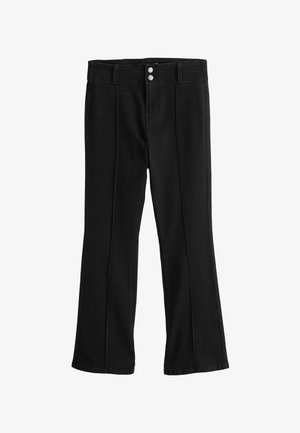 Black high-waist bootcut pants with front seam detailing, double button closure, and belt loops on a white background.