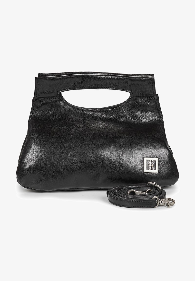Pochette en cuir noir avec poignée découpée et bandoulière amovible, décorée d'un petit logo AS98 argenté sur le devant.