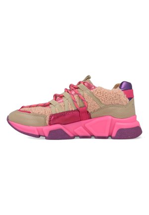 Sneakers with a beige leather upper, pink fluffy accents, pink rubber sole, and decorative lacing. Includes metallic pink and purple details.