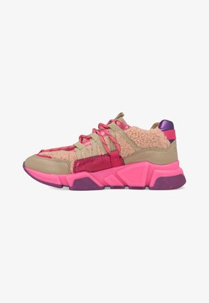 Sneakers with a beige leather upper, pink fluffy accents, pink rubber sole, and decorative lacing. Includes metallic pink and purple details.
