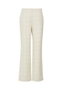 Beige geruite wijde broek met een gestructureerde afwerking, voorzien van een subtiel ruitpatroon en een aansluitende tailleband. Minimalistisch ontwerp, geen zichtbare sluitingen.