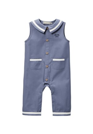 Combinaison bleue sans manches pour bébé avec bordure blanche, boutons sur le devant, deux poches et "little one" brodé sur la poitrine.