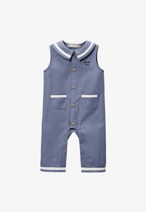 Combinaison bleue sans manches pour bébé avec bordure blanche, boutons sur le devant, deux poches et "little one" brodé sur la poitrine.