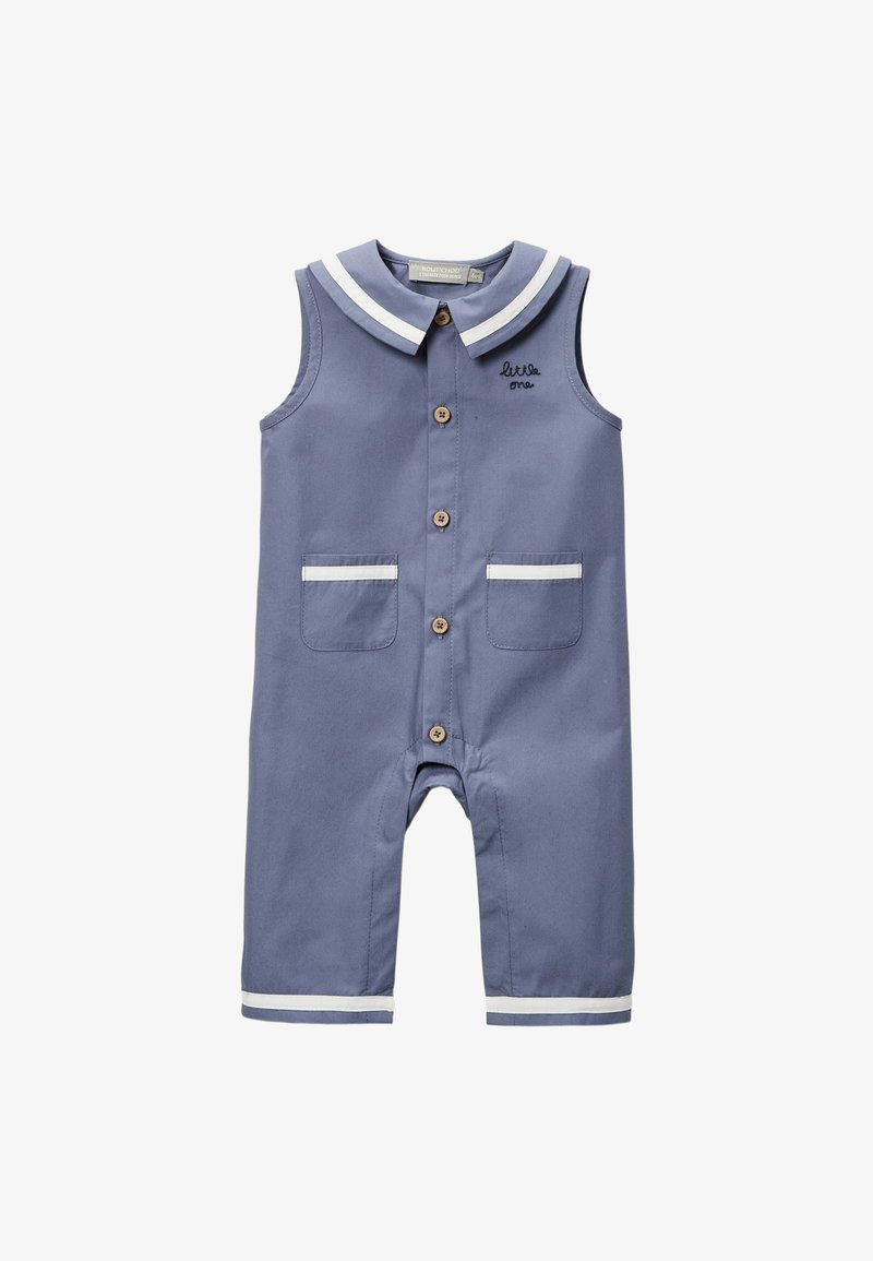 Combinaison bleue sans manches pour bébé avec bordure blanche, boutons sur le devant, deux poches et "little one" brodé sur la poitrine.