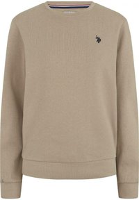 Sudadera de algodón beige con mangas largas, puños acanalados y cuello redondo. Presenta un pequeño logo negro en el lado izquierdo del pecho. Textura suave, diseño casual.