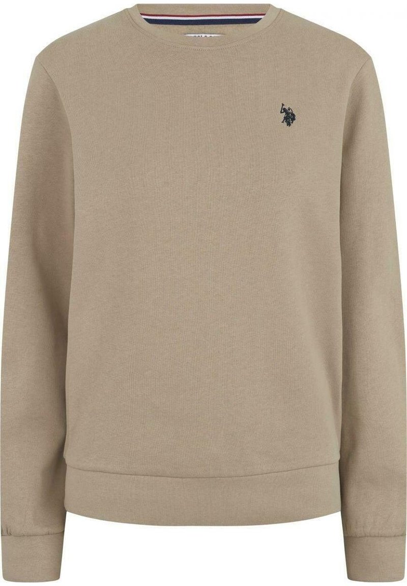 Sudadera de algodón beige con mangas largas, puños acanalados y cuello redondo. Presenta un pequeño logo negro en el lado izquierdo del pecho. Textura suave, diseño casual.
