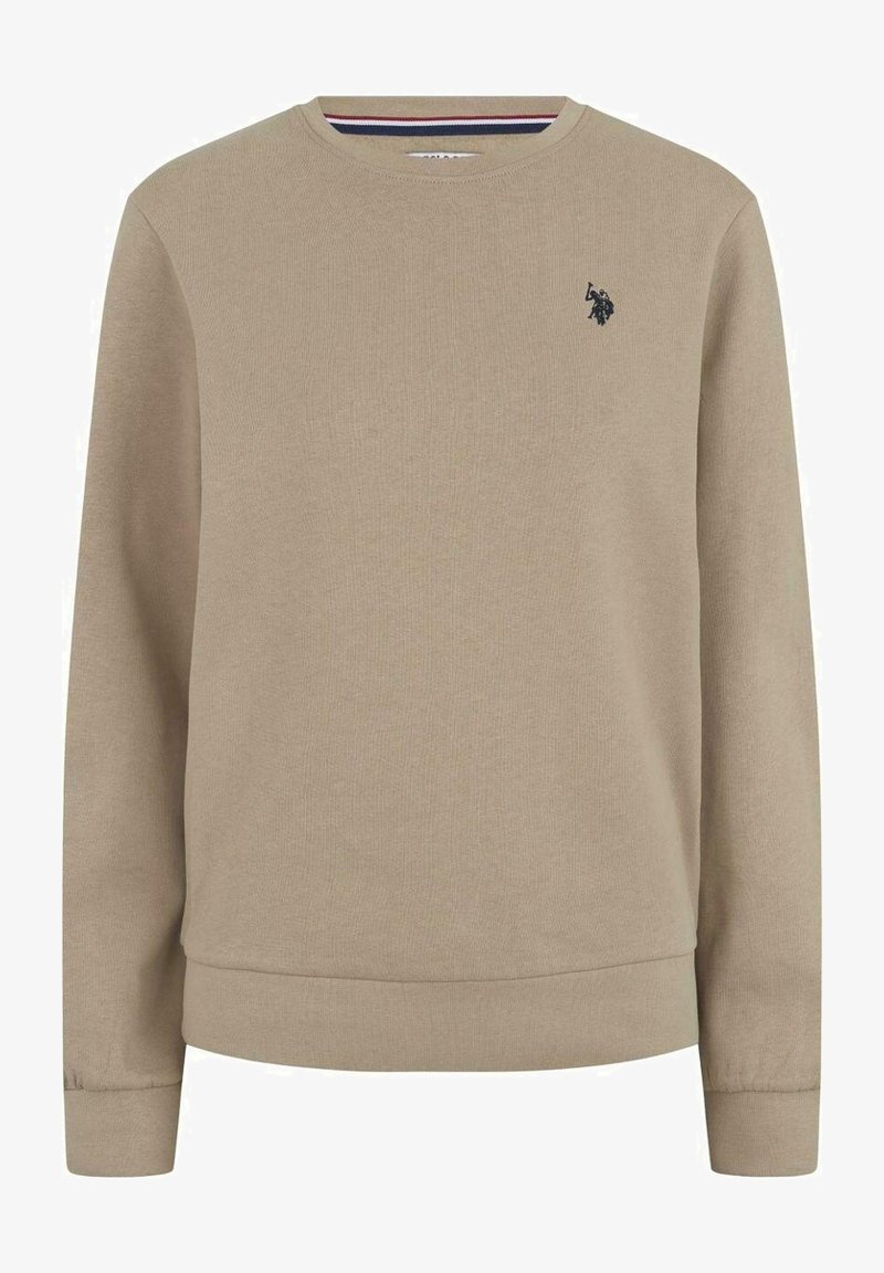 Sudadera de algodón beige con mangas largas, puños acanalados y cuello redondo. Presenta un pequeño logo negro en el lado izquierdo del pecho. Textura suave, diseño casual.