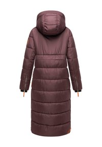 Long, plum puffer coat with a hood, featuring horizontal stitching, zippered sleeves, and an orange logo detail on the left arm.