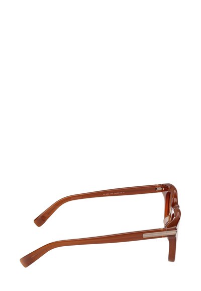 Ruskeat muoviset silmälasit suorakulmaisilla kehyksillä. Ominaisuuksiin kuuluu metalliyksityiskohdat sankoissa ja sileä, kiiltävä pinta.