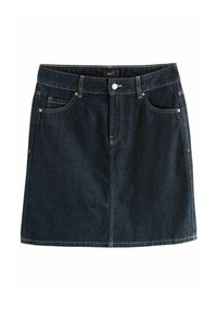 Gonna in denim blu scuro con chiusura frontale con bottoni e cerniera, passanti per cintura e tasche frontali, taglio dritto.
