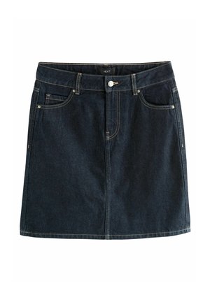 Tumši zila džinsa svārki ar priekšpusē pogu un rāvējslēdzēja aizdari, jostas cilpas un priekšējām kabatām, taisns griezums.