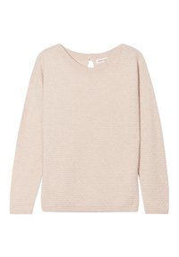 Helle beige Strickjacke mit strukturiertem Muster, weitem Halsausschnitt und einem kleinen Schlüssellochöffnung hinten. Lange Ärmel.