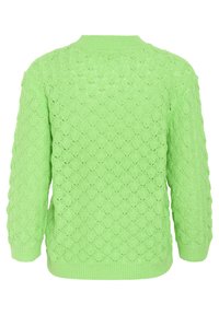 Pull en tricot vert avec un motif en vagues, col et poignets côtelés, finition texturée, vu de dos.